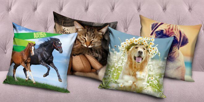 Dekorační polštářky se psem, kočkou, lvem i koňmi