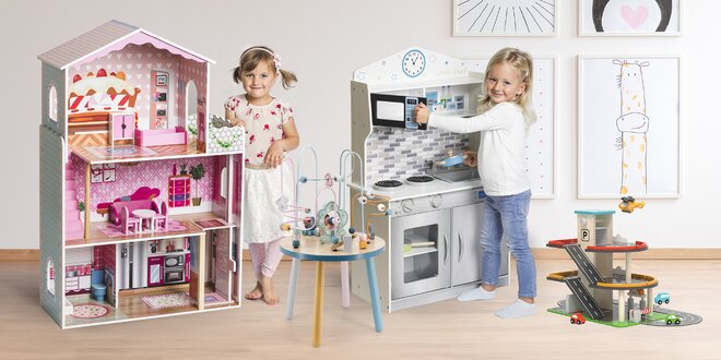 Dřevěné hračky pro děti: domeček pro panenky i kuchyňka
