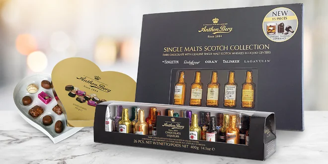 Čokoládové lahvičky s alkoholem světoznámých značek