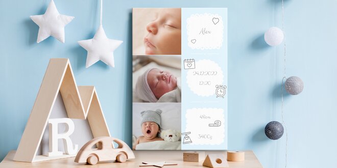 Obraz s fotkami a údaji o narození miminka