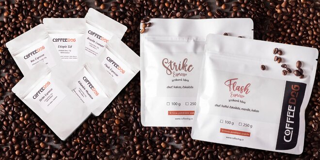 Cofeedog: balení zrnkové kávy, degustační set 6 druhů