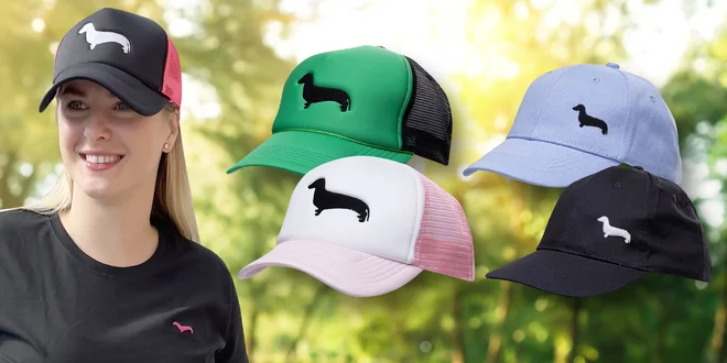Stylové kšiltovky s jezevčíkem: unisex i pro děti