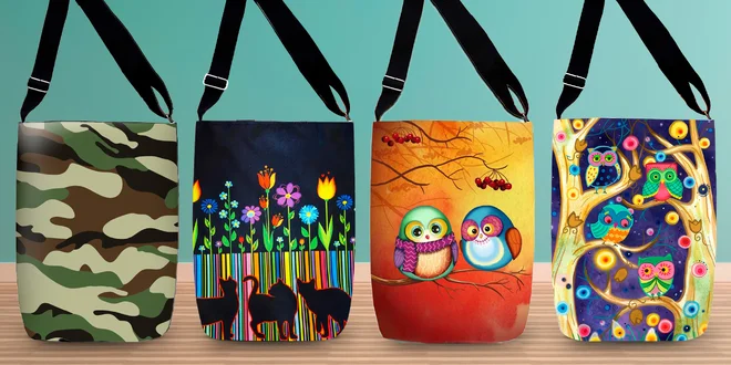 Kabelky přes rameno s veselými vzory: kočky, květiny aj.