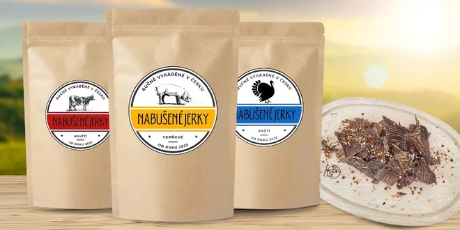 Hovězí, vepřové nebo krůtí jerky: 50-100 g, 3 příchutě