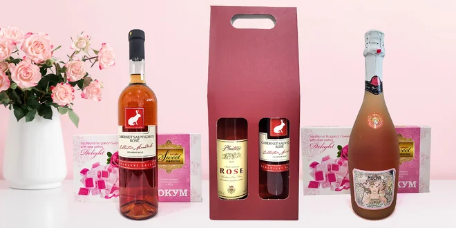 Růžové dárkové sety: víno i nealko sekt a bonboniéra