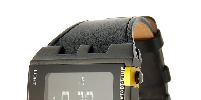 Pánské černé digitální hodinky Oxbow s černým koženým řemínkem