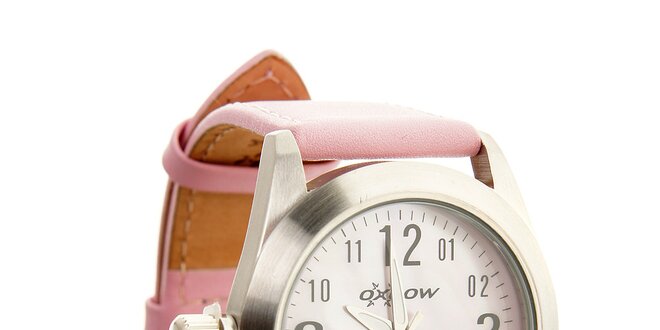 Dámské ocelové hodinky Oxbow s růžovým koženým řemínkem