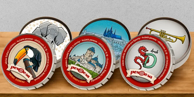 Kulaté pexeso v plechové krabičce: zvířátka, hrady aj.