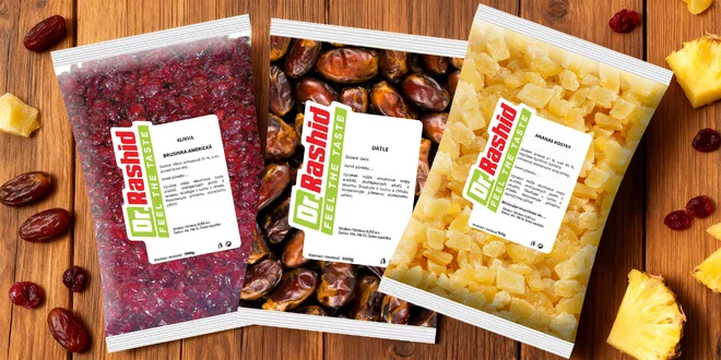 Balíčky sušeného ovoce: meruňky, švestky i mango