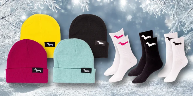 Bavlněné ponožky a pletené kulichy s jezevčíkem