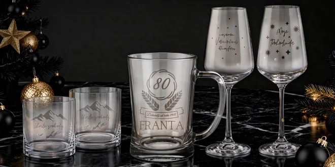 Sklenice a karafy s ručně leptanými motivy v dárkovém balení