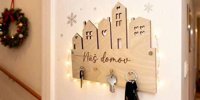 Dřevěný věšák na klíče s gravírovaným textem