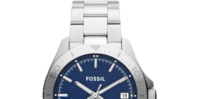 Pánské stříbrné hodinky s modrým ciferníkem Fossil