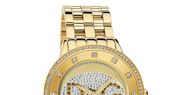 Dámské hodinky s kulatým pouzdrem osázeným zirkony a logem ve zlaté barvě Dolce & Gabbana
