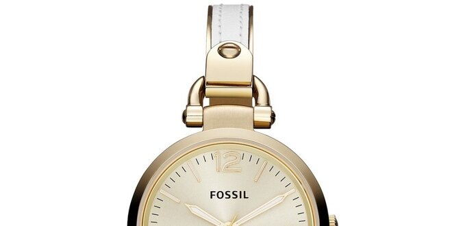 Dámské kulaté pozlacené hodinky Fossil s bílo-zlatým řemínkem
