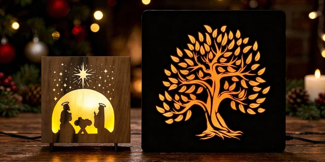 Světelné obrazy z dubového dřeva: motiv lípy, draka aj.