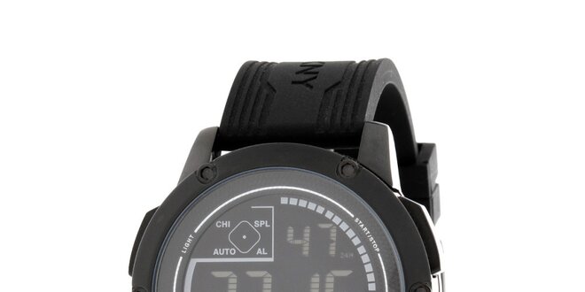 Unisexové černé digitální hodinky s kulatým ciferníkem DKNY