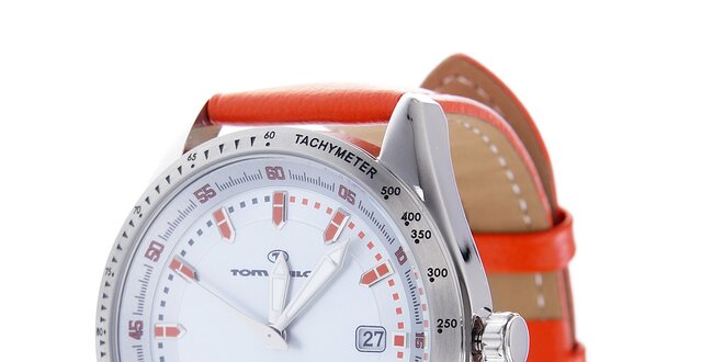 Stylové ocelové hodinky Tom Tailor s oranžovým koženým řemínkem