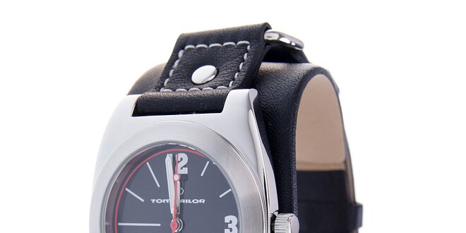 Stylové ocelové hodinky Tom Tailor s černým koženým řemínkem