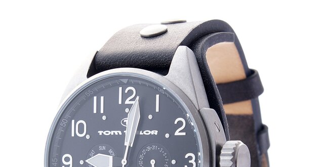 Pánské černé hodinky Tom Tailor s koženým řemínkem