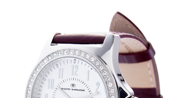 Dámské ocelové hodinky Tom Tailor s vínovým koženým řemínkem