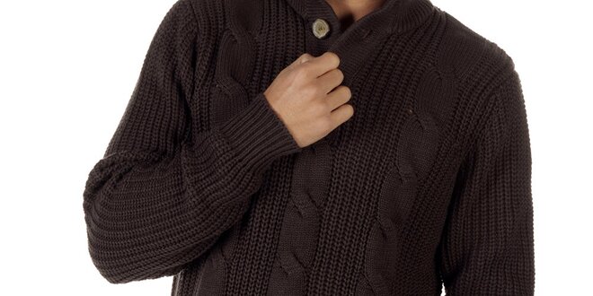 Pánský tmavě hnědý svetr s copánkovým vzorem CLK