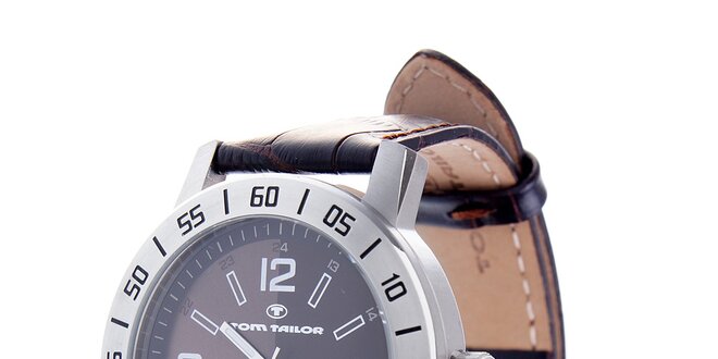 Ocelové hodinky Tom Tailor s tmavě hnědým koženým řemínkem
