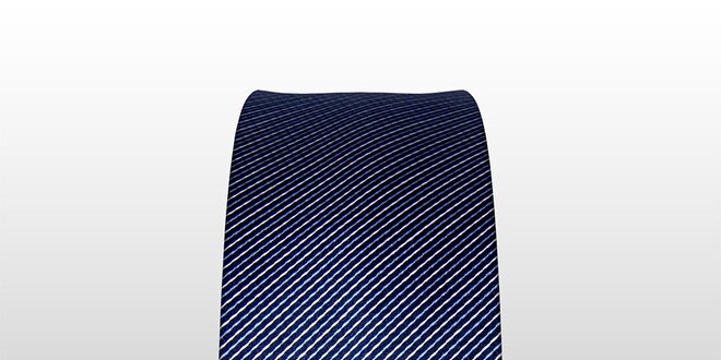 Tmavě modrá kravata s jemným bílým a světle modrým proužkem značky Vincenzo Boretti