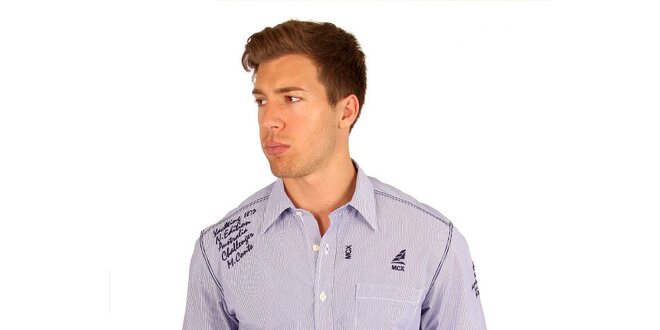 Pánská fialová košile s pruhy a nápisy M. Conte
