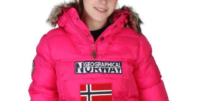 Dámská růžová bunda s kapucí s kožíškem Geographical Norway