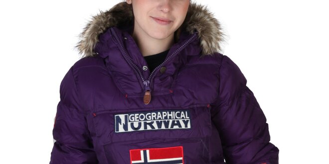 Dámská fialová bunda s kapucí s kožíškem Geographical Norway