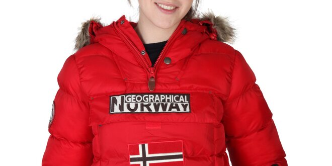 Dámská červená bunda s kapucí s kožíškem Geographical Norway