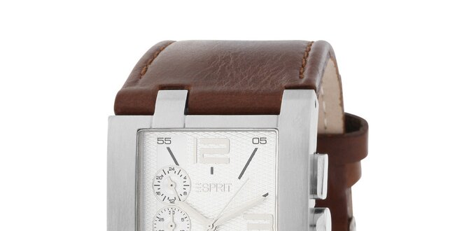 Pánské ocelové hranaté hodinky s koženým hnědým řemínkem Esprit