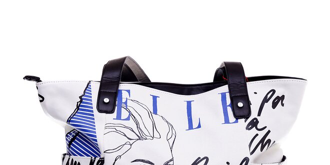Dámská bílá kabelka Elle "shopper" s černo-modrým potiskem