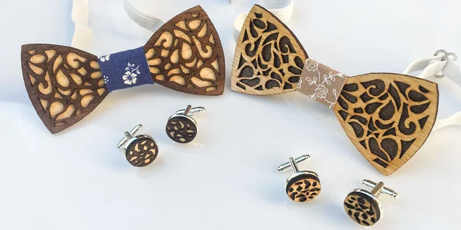 Trendy handmade drevené motýliky s manžetovými gombíkmi