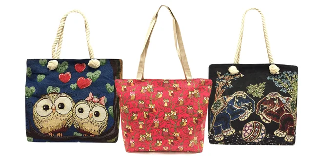Dámske látkové tašky so sovičkami a sloníkmi
