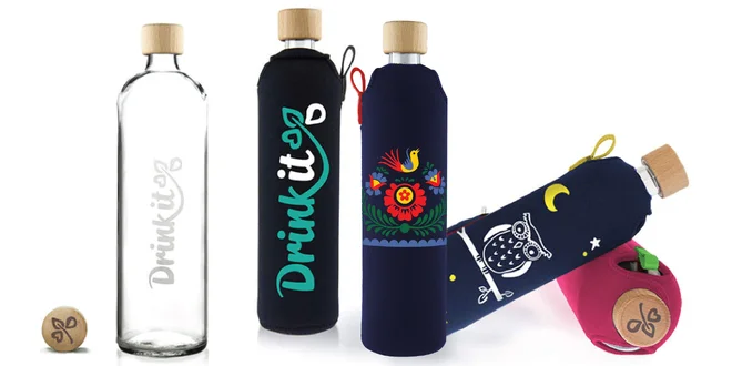 Sklenená fľaša v neoprénovom obale v dvoch veľkostiach