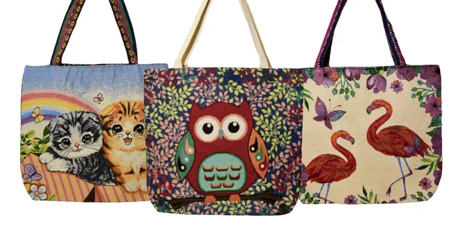 Ľanové tašky s veselými motívmi a živými farbami