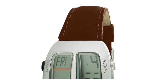 Stříbrné digitální hodinky s hnědým koženým řemínkem RG512