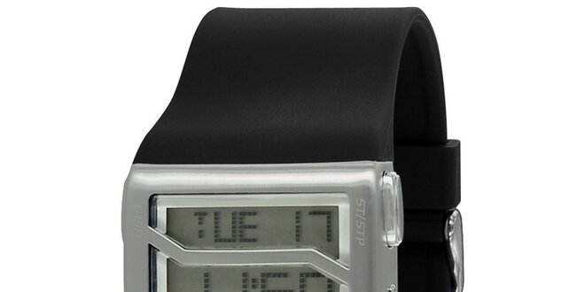 Stříbrné hranaté digitální hodinky s černým řemínkem RG512