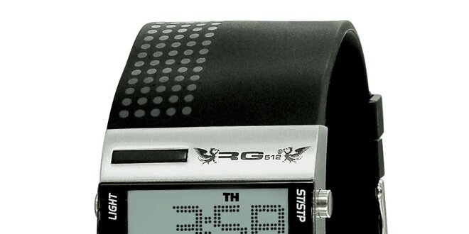 Stříbrné digitální hodinky s širokým černým řemínkem RG512