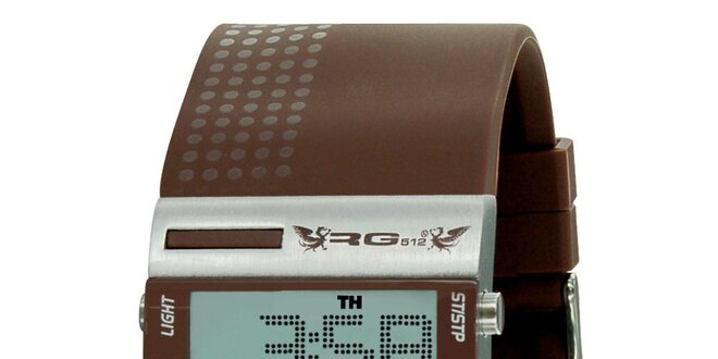 Stříbrné digitální hodinky s širokým hnědým řemínkem RG512