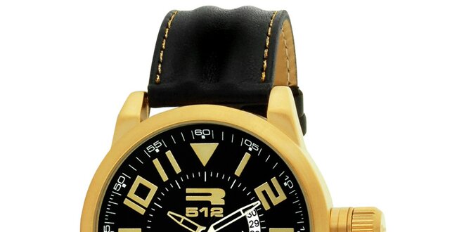 Kulaté ocelové hodinky zlaté barvy s černým řemínkem RG512