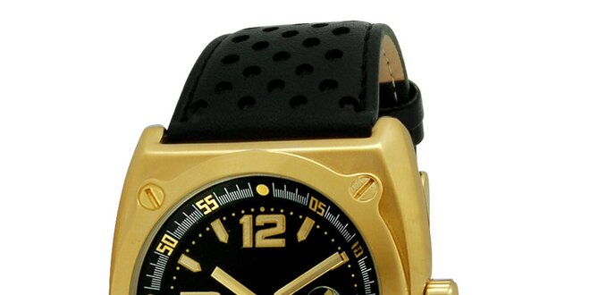 Ocelové hodinky zlaté barvy s černým perforovaným řemínkem RG512