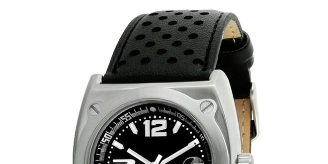 Ocelové hodinky stříbrné barvy s černým perforovaným řemínkem RG512