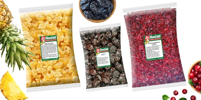 Balíčky sušeného ovocia: slivky, brusnice aj zázvor