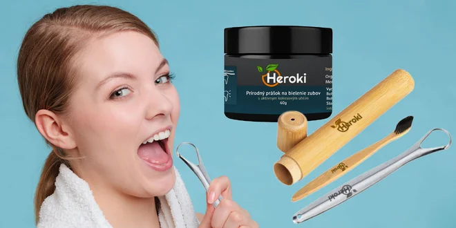 Zdravé a biele zuby s práškom, kefkou i škrabkou Heroki