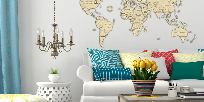 Dizajnové drevené puzzle, mapa sveta alebo expedičné mapy do interiéru