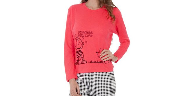 Dámský pyžamový set, růžové tričko - kostkované kalhoty Cocodream