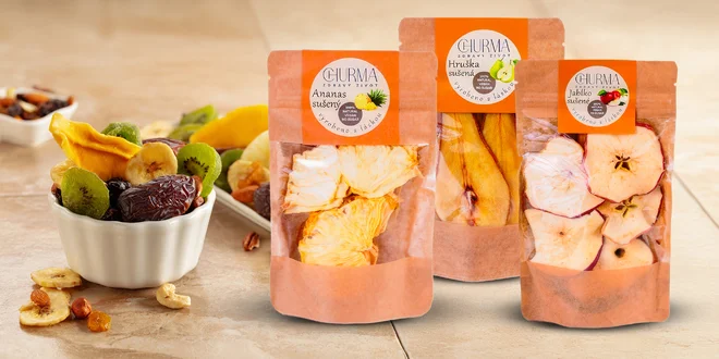 100 % Ovocné a zeleninové sušené plátky: 3 gramáže, množstvo druhov